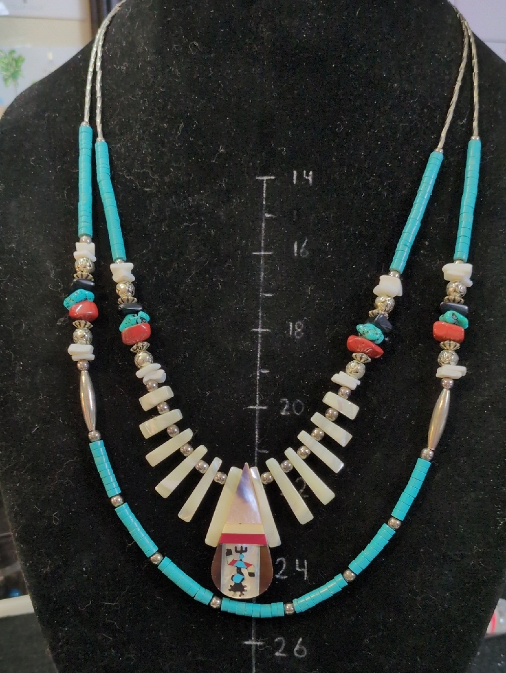 Turquoise, Mother of Pearl, and Coral Multi-Strand Native American Necklace